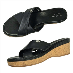 Cole Haan Grand.OS Briella Black Leather Cross Strap Cork Wedge Slide Sandal